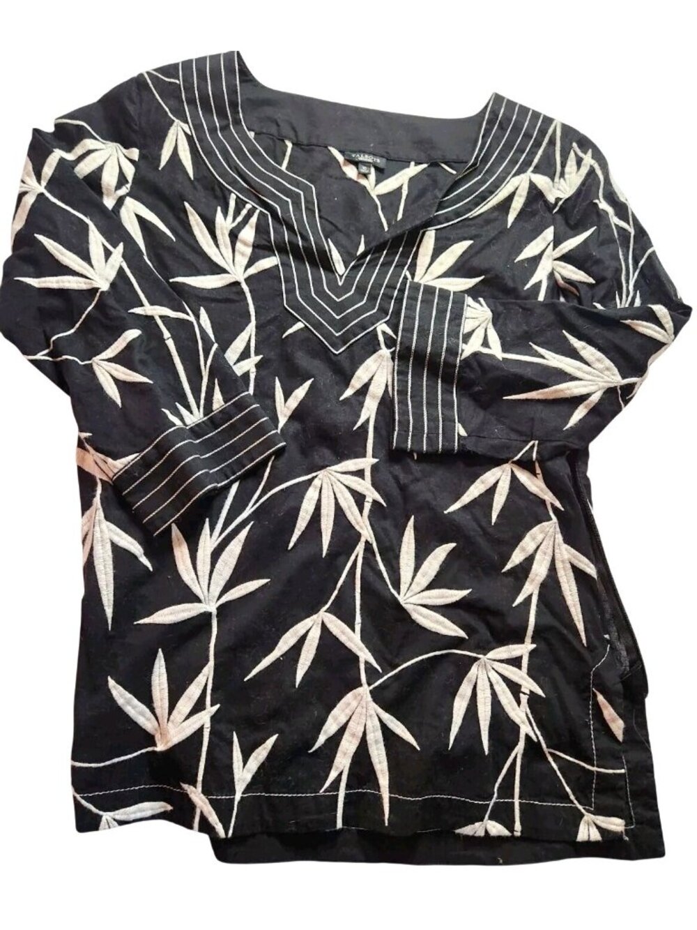 Womens Top Talbots Black White Leaf floral Cotton Blend 3/4 Sleeve Size 10